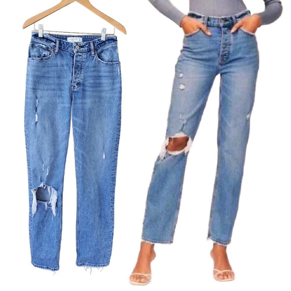 ABERCROMBIE & FITCH The Dad High Rise Jeans Size 26 / 2 Long Destroyed Med Wash